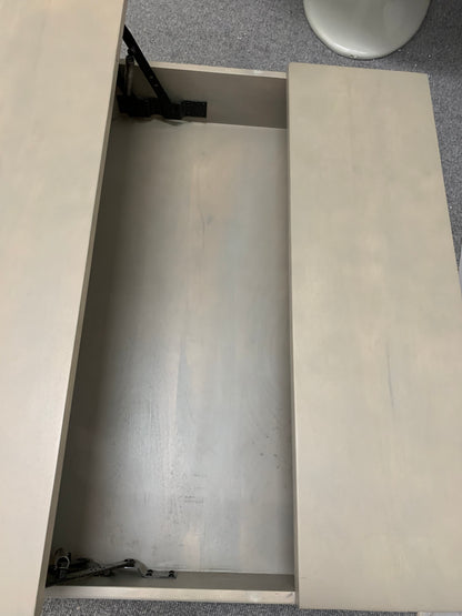 Lomond coffee table with lift-up top extended to reveal hidden storage compartment and industrial metal legs