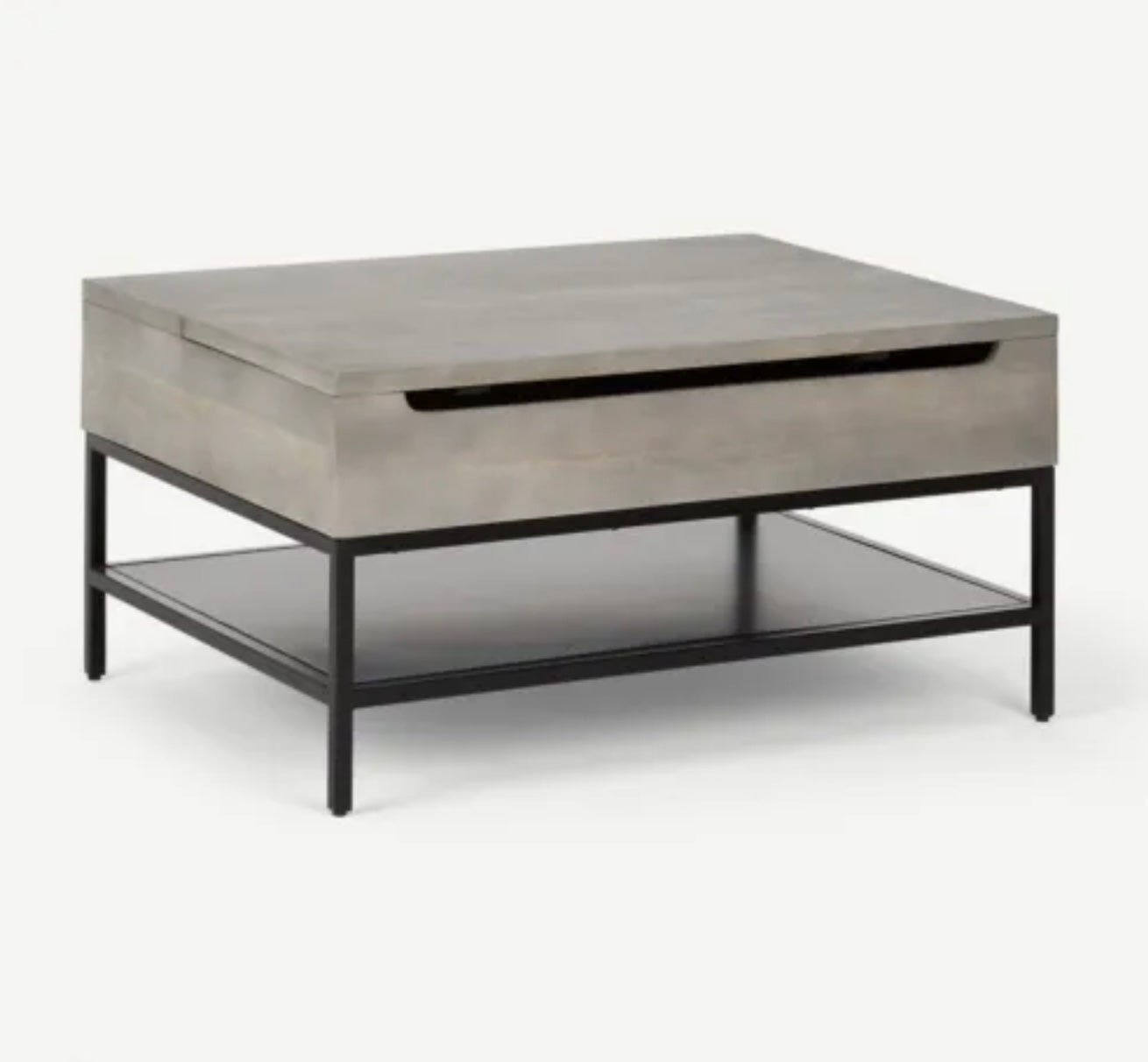 Lomond lift top coffee table in grey washed mango wood featuring a raised top and internal storage