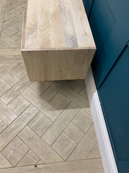 Made.com Aphra TV stand in light mango wood with black metal legs and media shelves