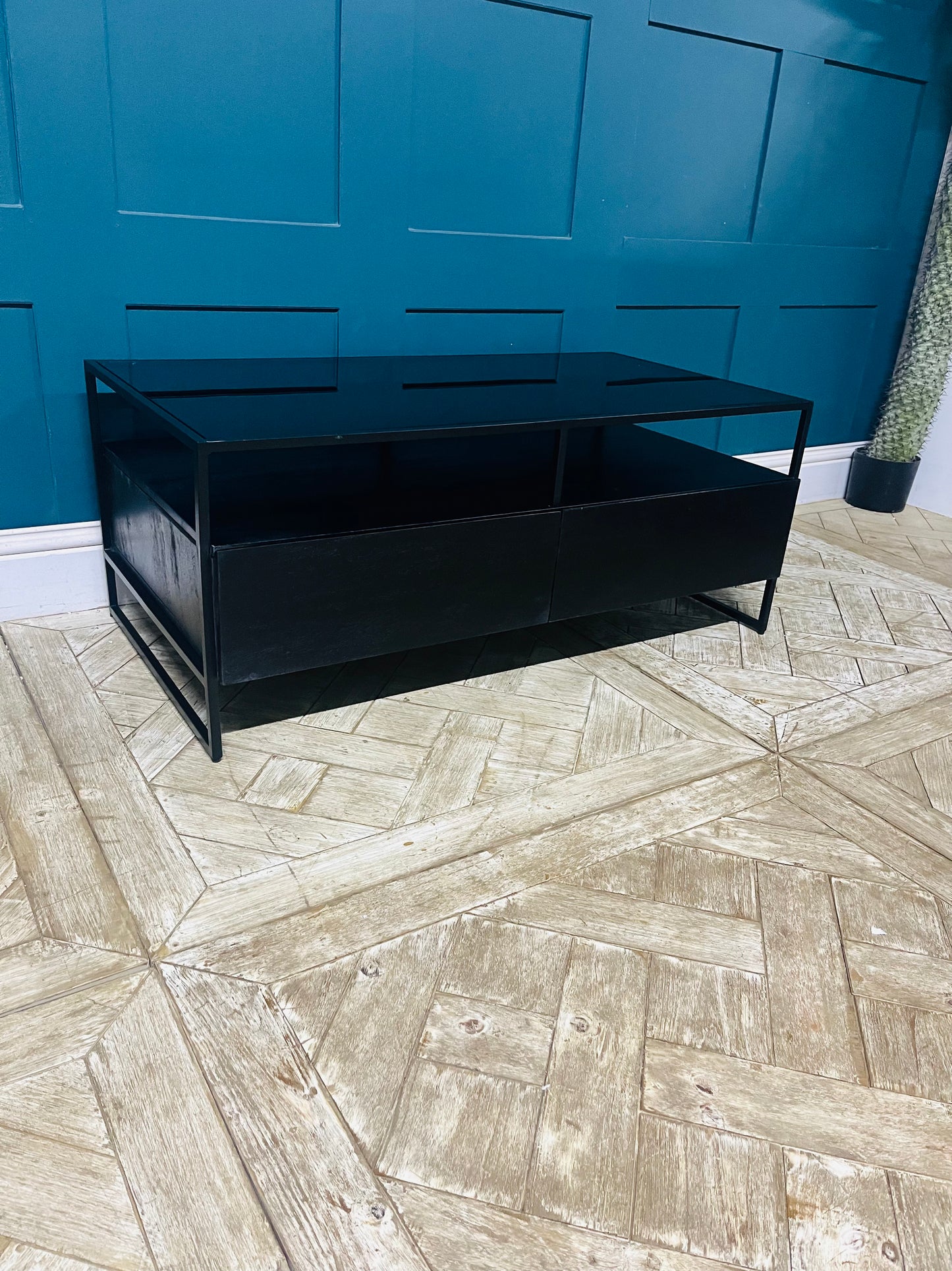 Black metal coffee table with storage drawers. Made.com Kilby Coffee Table,  Black & Smoked Glass 
