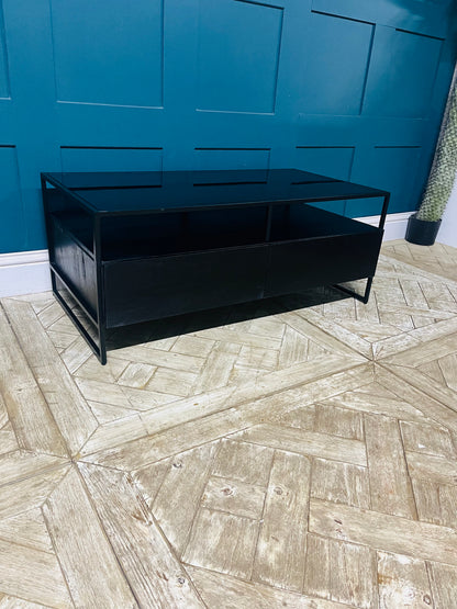 Black metal coffee table with storage drawers. Made.com Kilby Coffee Table,  Black & Smoked Glass 
