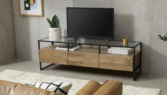 Made.com Kilby Wide TV Stand, Light Mango Wood and Glass, with drawers