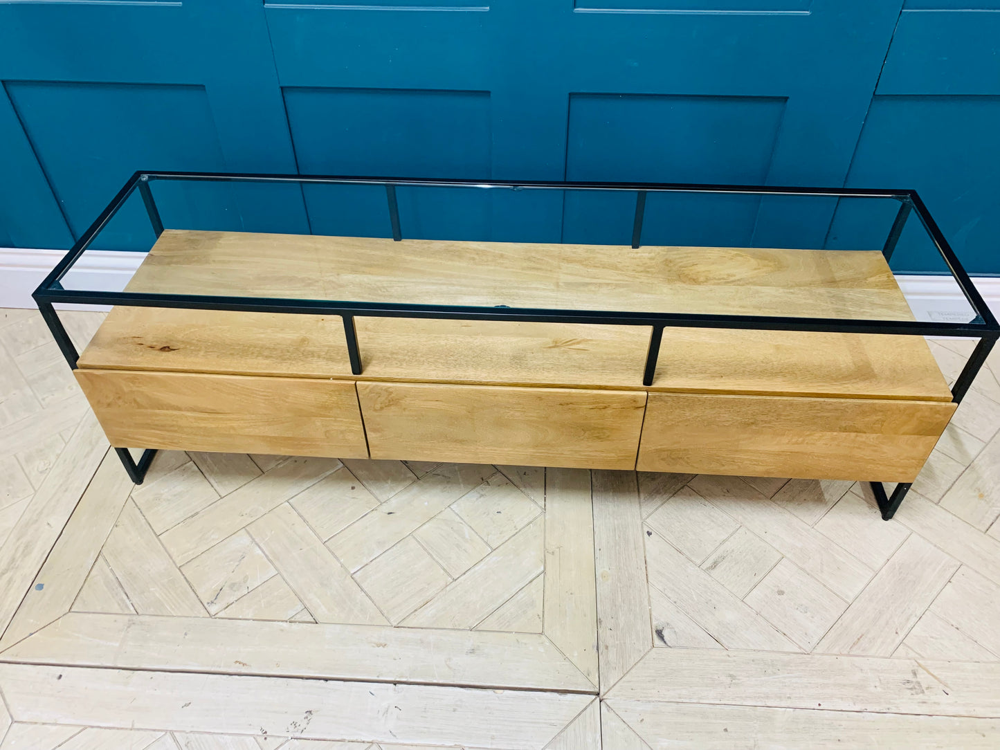 Made.com Kilby Wide TV Stand, Light Mango Wood and Glass, with 3 storage drawers