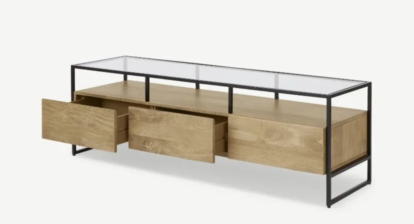 Industrial-style Made.com Kilby Wide TV stand. Features a warm, light mango wood grain base with two roomy storage drawers on clean, black metal legs. The top of the unit is a sleek smoked black glass, designed for placing a media console or television