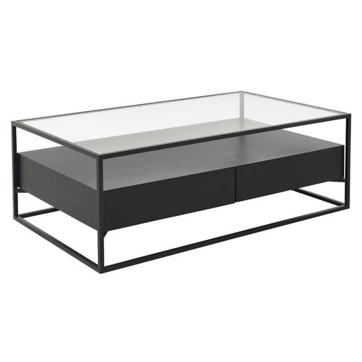 Made.com Kilby compact TV stand in black stain mango wood with a smoked glass top and single drawer