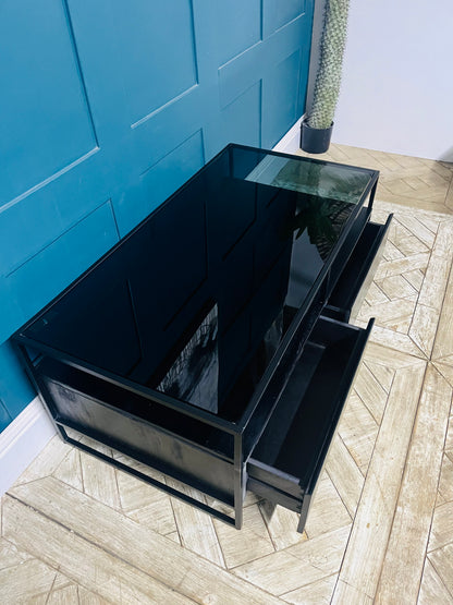 Made.com Kilby rectangular coffee table in black stained mango wood with a tempered smoked glass top.