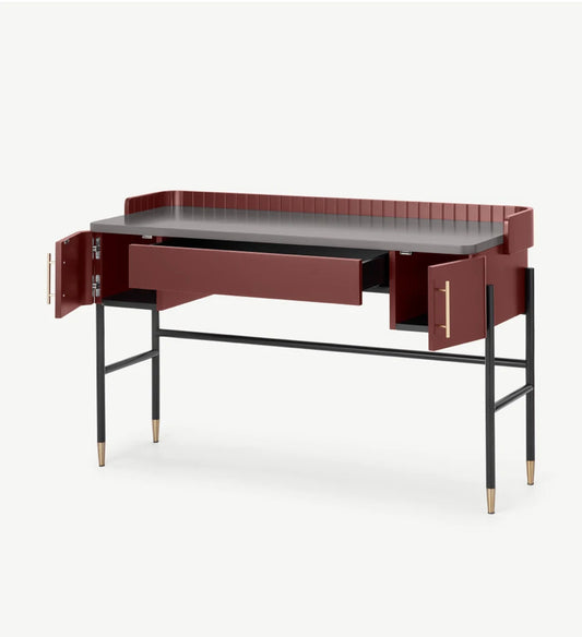 Made.com Lali  Wide Desk, Mid Grey & Mahogany Red with drawer and side storage 