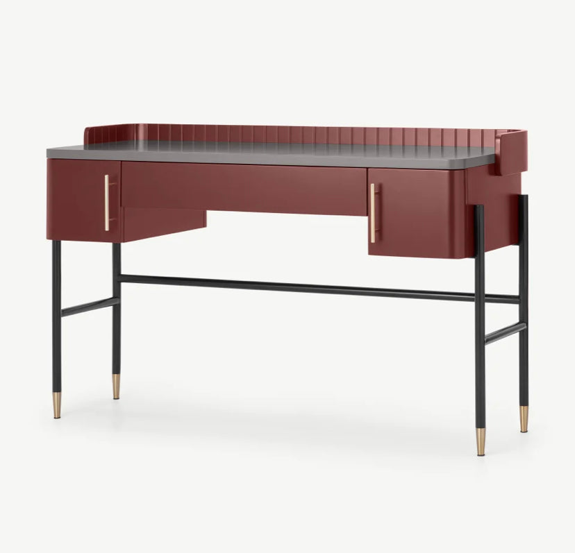 Made.com Lali wide desk in mid grey and mahogany red with polished brass handles and brass-capped legs.