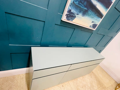 Large green Elsdon sideboard by MADE.com, 160cm wide home storage cabinet with 3 doors.