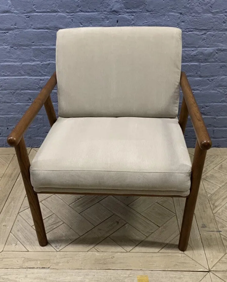 Made.com Lars accent armchair in stone grey microfibre with walnut stain legs