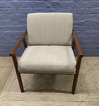 Made.com Lars accent armchair in stone grey microfibre with walnut stain legs