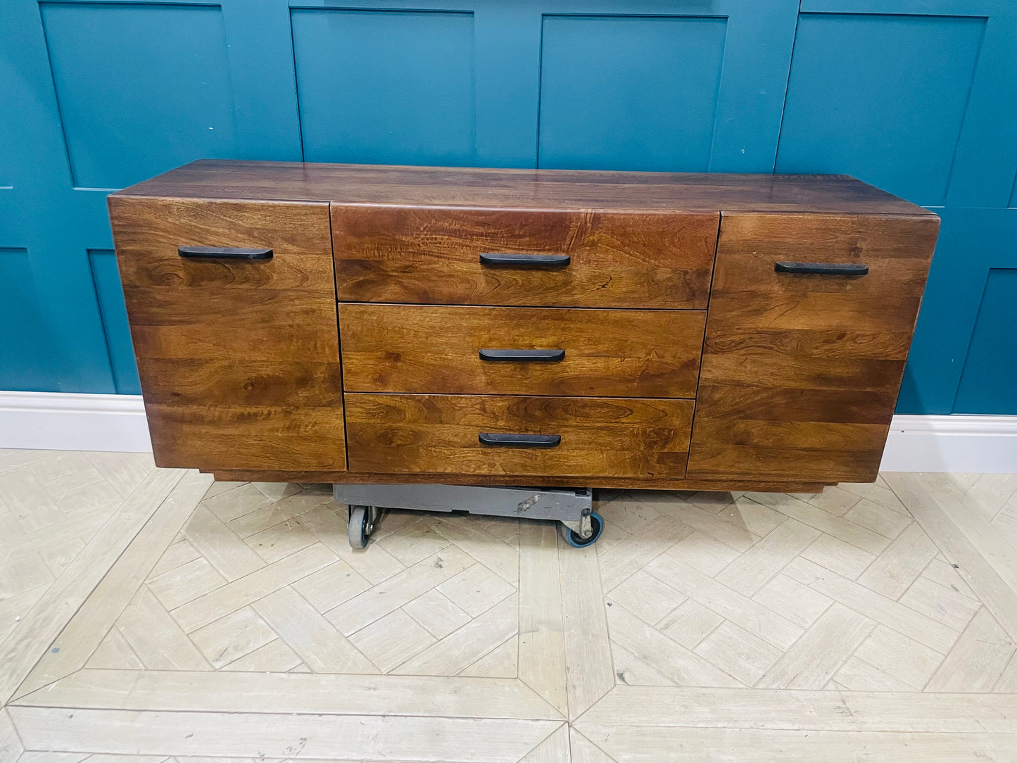 Modern Lucien large dark mango wood sideboard styled in a contemporary living room made-com-lucien-large-sideboard-dark-mango-wood-front-view