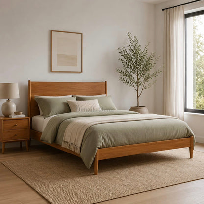 Mid-century modern double bed frame by West Elm in a warm acorn wood finish, featuring a clean-lined rectangular headboard with doweled edges and round, gently tapered legs.
