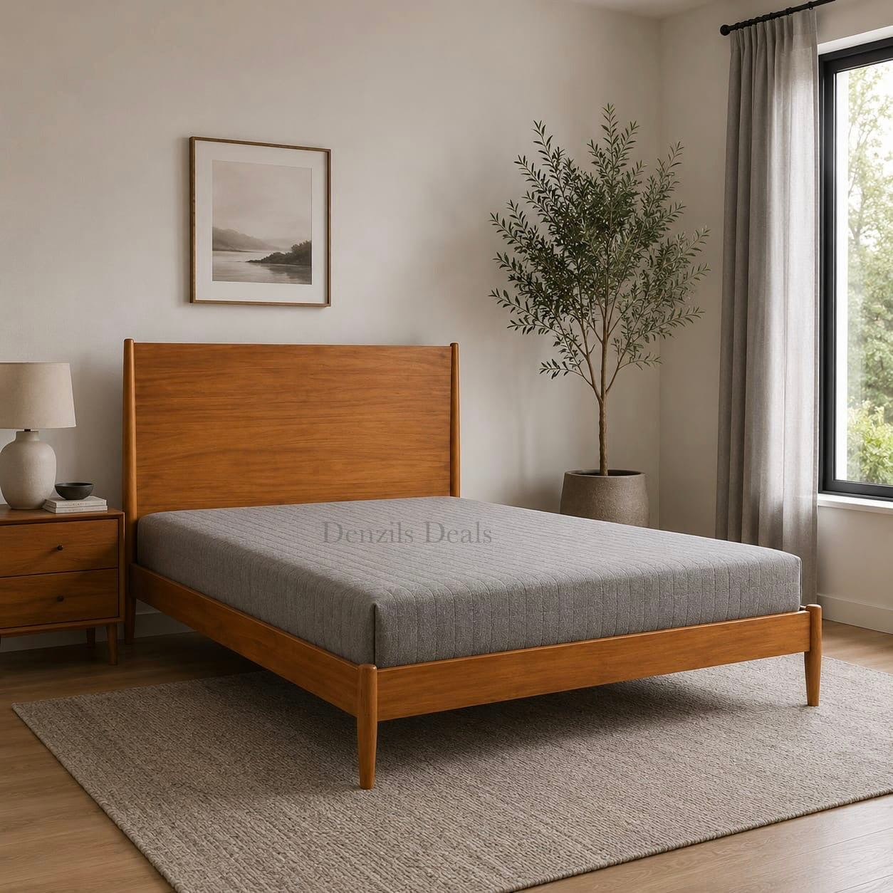 Mid-century modern double bed frame by West Elm in a warm acorn wood finish, featuring a clean-lined rectangular headboard with doweled edges and round, gently tapered legs.