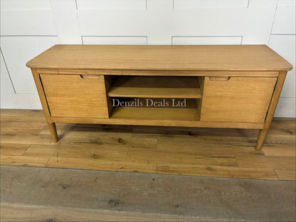 Mid-century modern light oak wooden TV stand and media console featuring clean Scandinavian lines, open shelving, storage compartments, and tapered solid wood legs