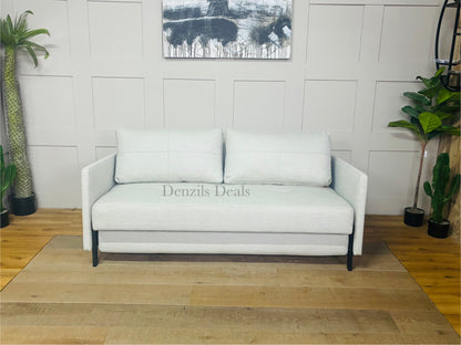 Modern 3-seater sofa bed with slim arms and oak legs, upholstered in a textured Mixed Dance Natural fabric. It folds out into a 160x200cm king-size sleeper with hidden bedding storage underneath