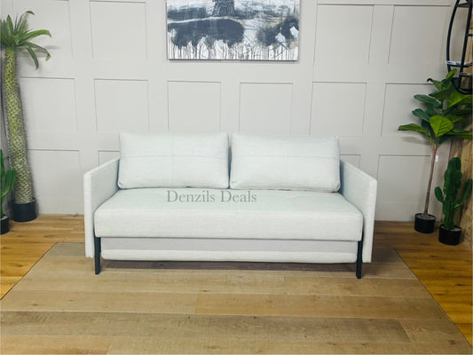 Modern 3-seater sofa bed with slim arms and oak legs, upholstered in a textured Mixed Dance Natural fabric. It folds out into a 160x200cm king-size sleeper with hidden bedding storage underneath