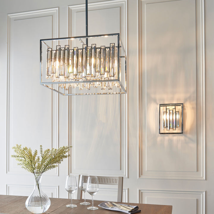 Modern 6-bulb Abergele ceiling pendant by Bodhi with bevelled glass crystals framed in chrome