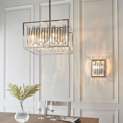 Modern 6-bulb Abergele ceiling pendant by Bodhi with bevelled glass crystals framed in chrome