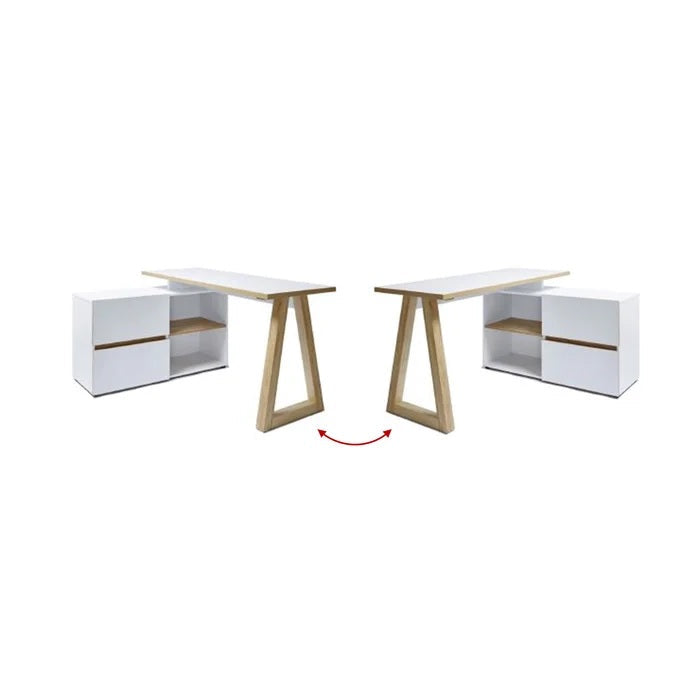 Modern L-shaped corner desk shell featuring a light oak wood finish desktop and clean white frame. The desk includes a side return with two stacked drawers on one side and two open storage compartments on the other.