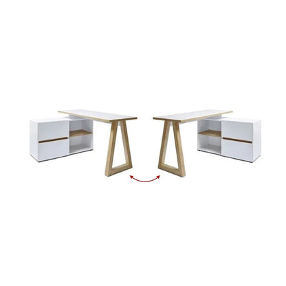 Modern L-shaped corner desk shell featuring a light oak wood finish desktop and clean white frame. The desk includes a side return with two stacked drawers on one side and two open storage compartments on the other.