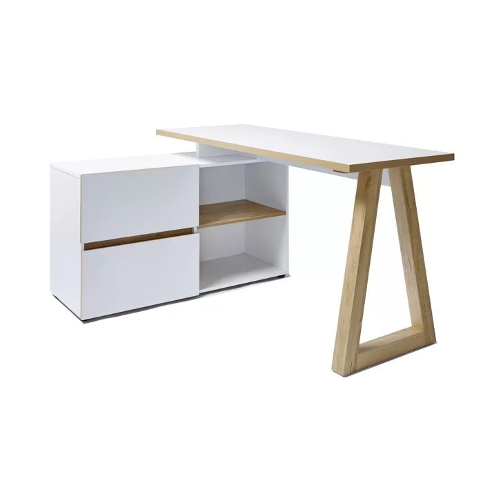 Modern L-shaped corner desk shell featuring a light oak wood finish desktop and clean white frame. The desk includes a side return with two stacked drawers on one side and two open storage compartments on the other.