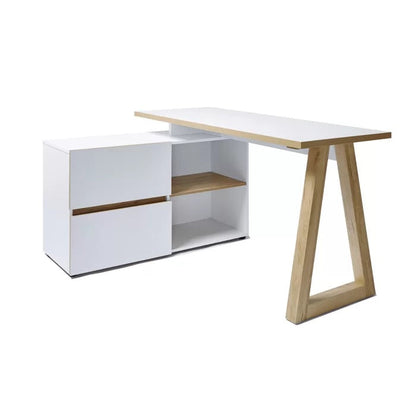 Modern L-shaped corner desk shell featuring a light oak wood finish desktop and clean white frame. The desk includes a side return with two stacked drawers on one side and two open storage compartments on the other.