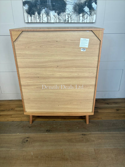 Modern and compact low freestanding wardrobe crafted from natural grain solid oak and wood veneers. The left side features a hinged door opening to a compact hanging rail area, while the right side is configured with five stacked storage drawers. The unit stands on short, subtly splayed wooden legs and highlights a smooth, lacquered natural finish
