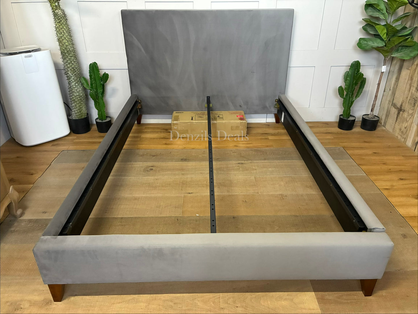 Modern double bed frame with a simple, clean-lined headboard, upholstered in plush Deep Velvet Steel grey fabric.