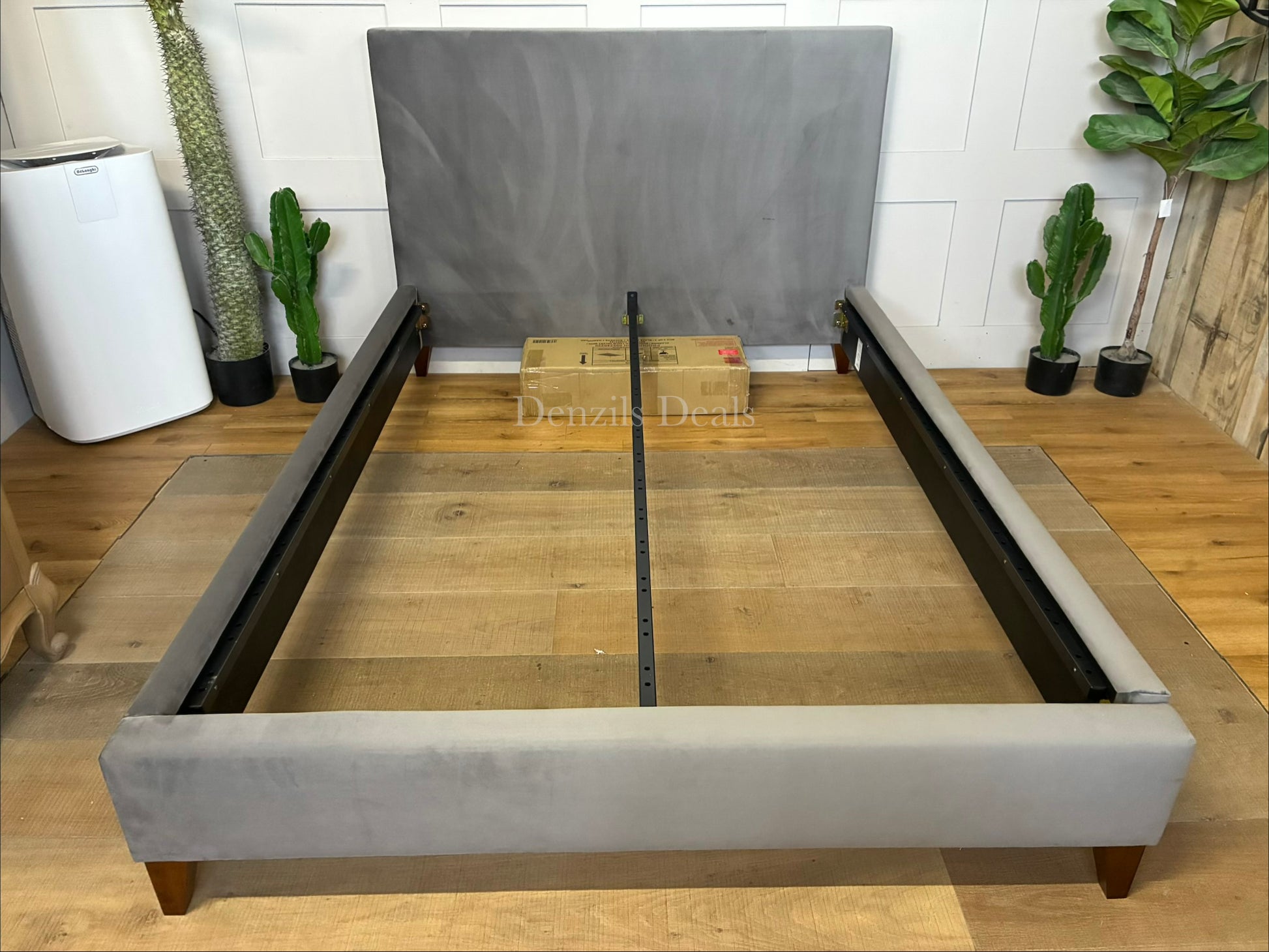 Modern double bed frame with a simple, clean-lined headboard, upholstered in plush Deep Velvet Steel grey fabric.