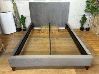 Modern double bed frame with a simple, clean-lined headboard, upholstered in plush Deep Velvet Steel grey fabric.