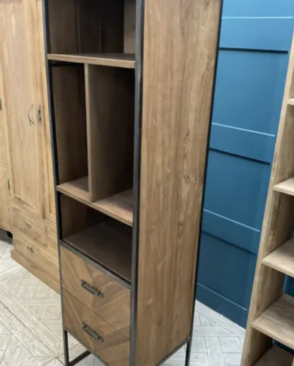 Modern mid-century style teak storage cabinet with two drawers in a minimalist home office setting, book case, shelving unit 