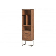 Modern mid-century style teak storage cabinet with two drawers in a minimalist home office setting