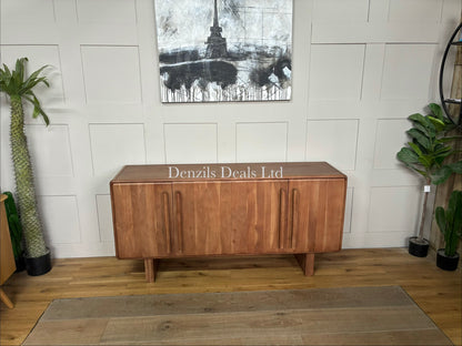 Natural acacia wood four-door sideboard with softly rounded edges, a vertical panelled design, and discreet cable holes at the back