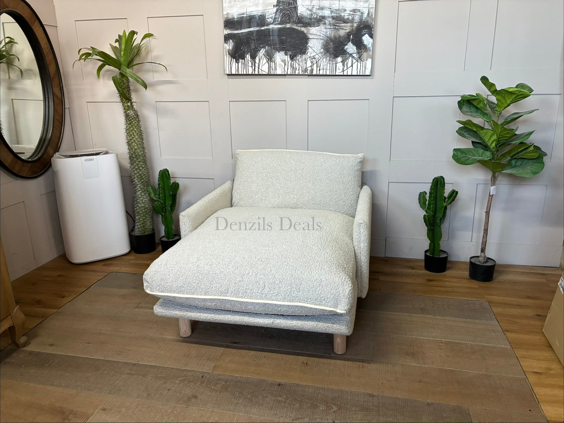 Cozmo Cosy 1.5 Seater Chaise Snuggler, Ecru Boucle Natural Piping with Feather and foam filling for a long, comfortable sit