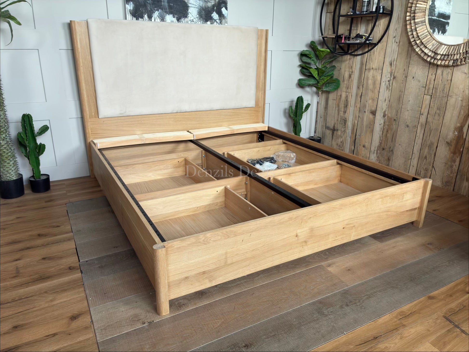 Natural wood super king John Lewis Rest bed frame with four storage drawers and a padded headboard.