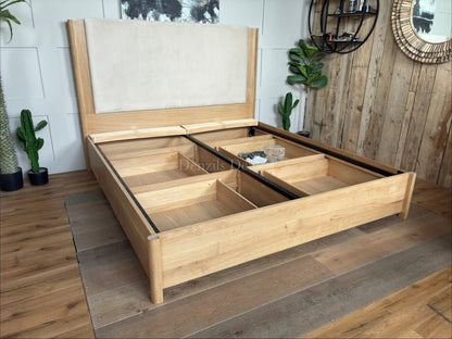 Natural wood super king John Lewis Rest bed frame with four storage drawers and a padded headboard.