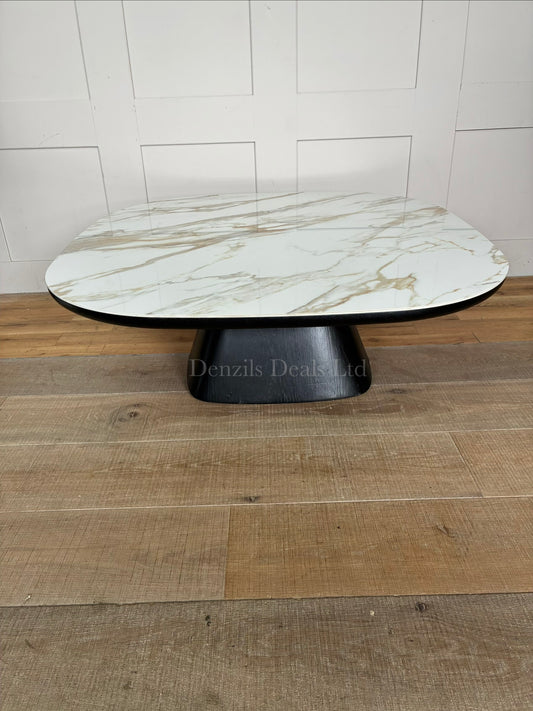 Nick Scali Allegria square coffee table with a white marble-look ceramic top, rounded corners, and a smoked oak fluted base.
