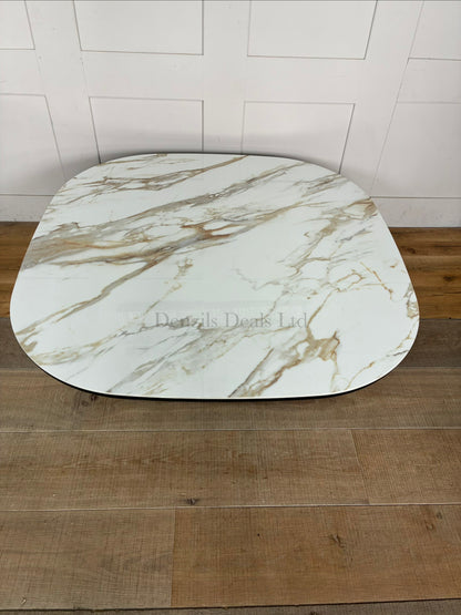 Nick Scali Allegria square coffee table with a white marble-look ceramic top, rounded corners, and a smoked oak fluted base.