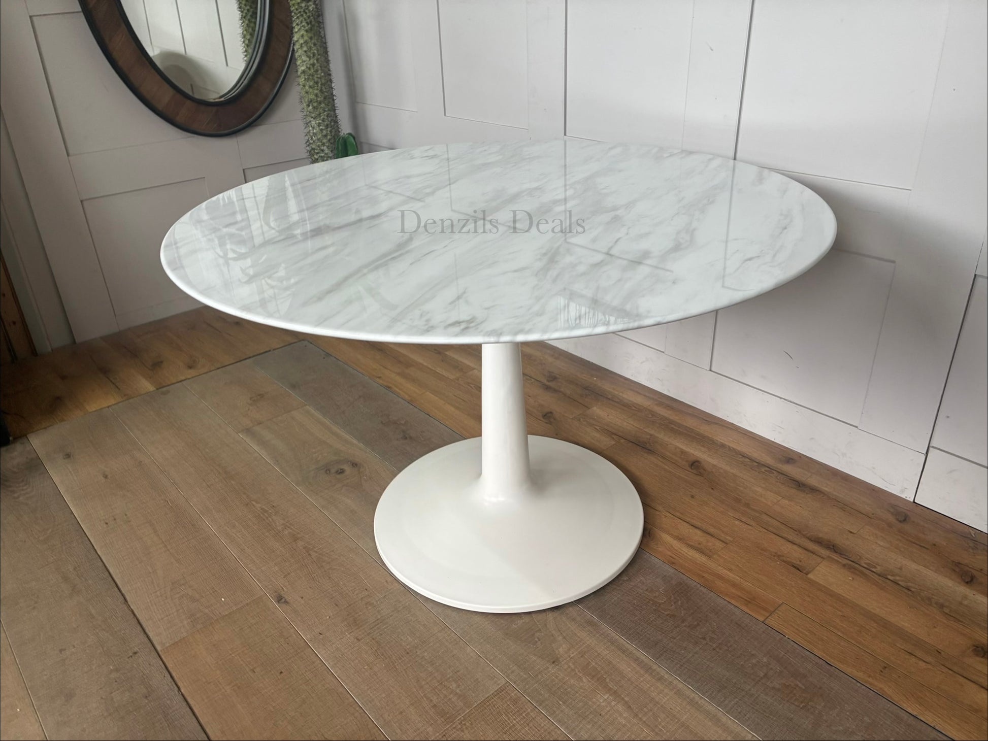 Parc round dining table by Nick Scali, designed with a high-density natural marble top protected by a premium jazz film, set atop a cylindrical ribbed oak pedestal base