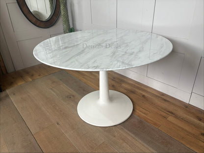 Parc round dining table by Nick Scali, designed with a high-density natural marble top protected by a premium jazz film, set atop a cylindrical ribbed oak pedestal base
