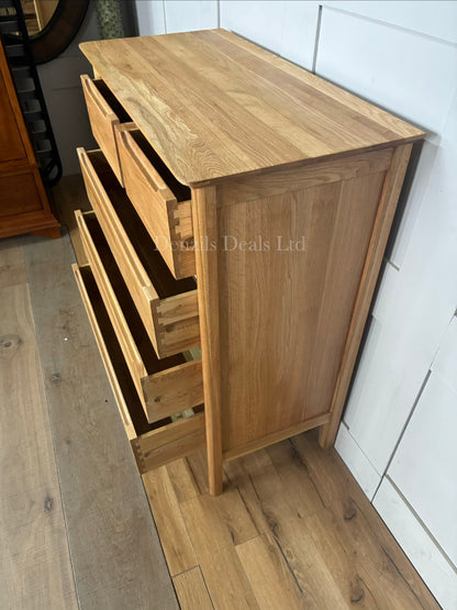Oak Furnitureland Copenhagen 5-drawer chest in natural solid oak with a blonde wax finish and recessed handles.