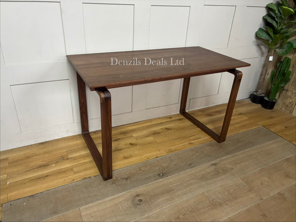 John Lewis Orbit Desk, Walnut  with Four round, tapered wooden legs that gently splay outwards in a classic retro mid-century aesthetic, leaving an open and spacious clearance underneath