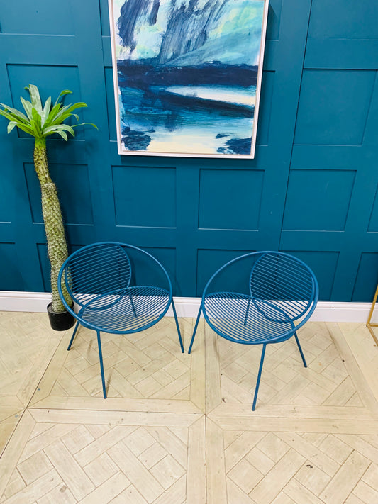 Pair of Swoon Editions Finsbury garden chairs in azure blue with powder-coated wire frames. Outdoor chairs 