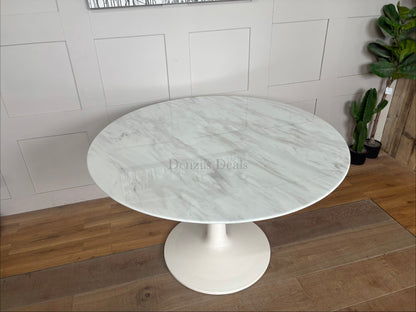 Parc round dining table by Nick Scali, designed with a high-density natural marble top protected by a premium jazz film, set atop a cylindrical ribbed oak pedestal base