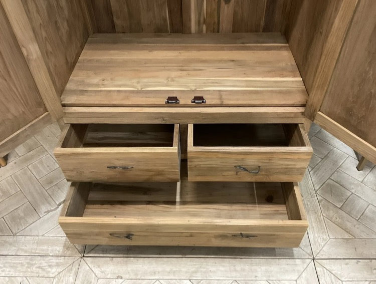 Natural teak triple-style wardrobe with two cabinet doors and three bottom drawers.