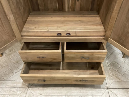Natural teak triple-style wardrobe with two cabinet doors and three bottom drawers.