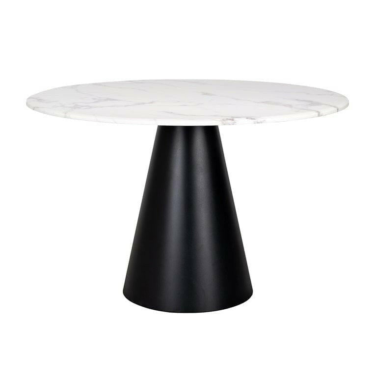 Richmond Degas 120cm round dining table featuring a sleek, smooth white faux marble top resting on a bold, conical matte black metal pedestal base