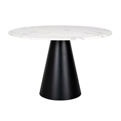 Richmond Degas 120cm round dining table featuring a sleek, smooth white faux marble top resting on a bold, conical matte black metal pedestal base