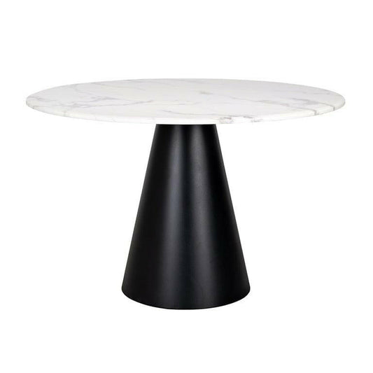 Richmond Degas 120cm round dining table featuring a sleek, smooth white faux marble top resting on a bold, conical matte black metal pedestal base